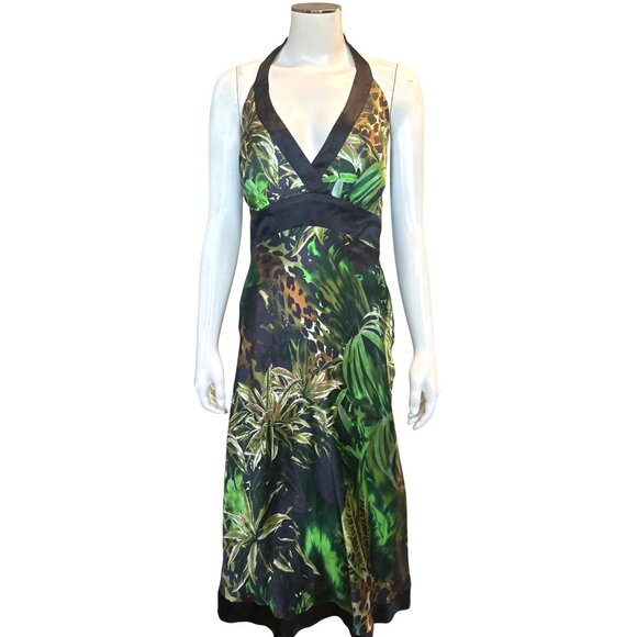 Cache Size Medium Green Jungle Print Silk Halter Dress Tropical Chic Resort Core - Picture 2 of 15
